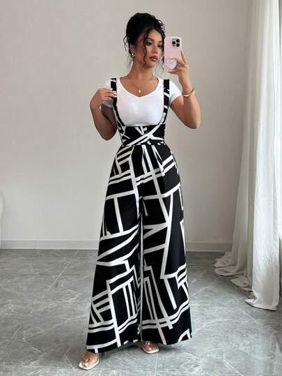 Elenzga Mono informal de pierna ancha con estampado geométrico para mujer
