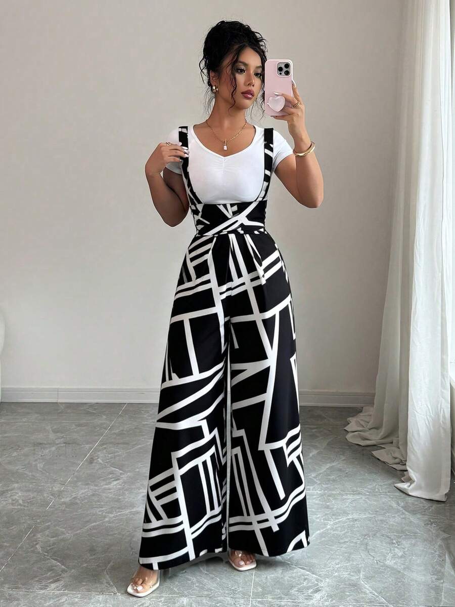 Elenzga Bộ jumpsuit nữ ống rộng in họa tiết hình học, kiểu dáng thường ngày. - màu đen - Xem 1