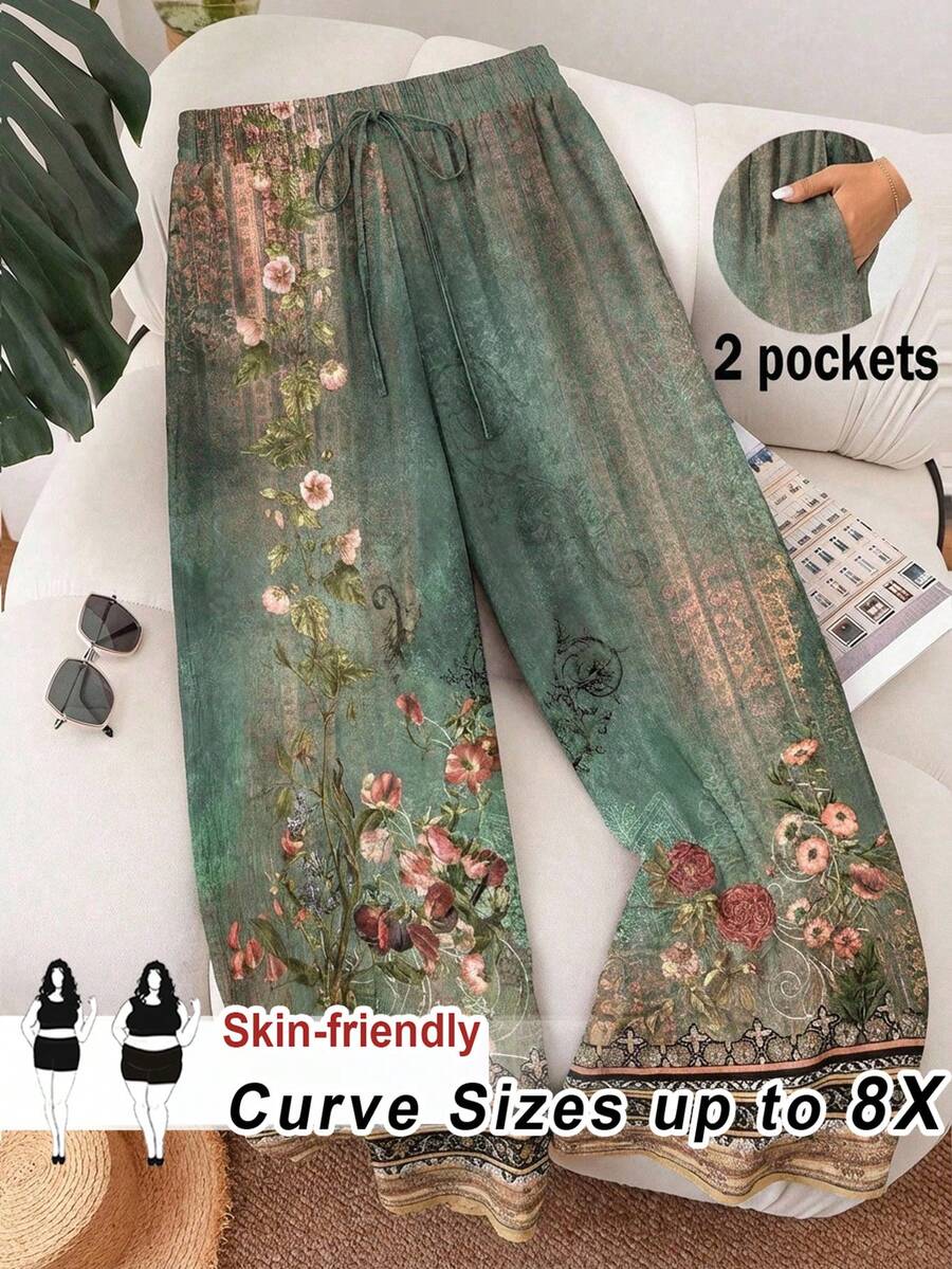 SHEIN CURVE+ Trang phục đi biển mùa hè dành cho nữ cỡ lớn, quần ống rộng thanh lịch, thoải mái, thích hợp cho công sở và đi làm, quần có túi, trang phục nghỉ dưỡng biển mùa hè/đồng quê/kỳ nghỉ biển/trang phục đi biển/đồ đi biển - Nhiều màu - Xem 1