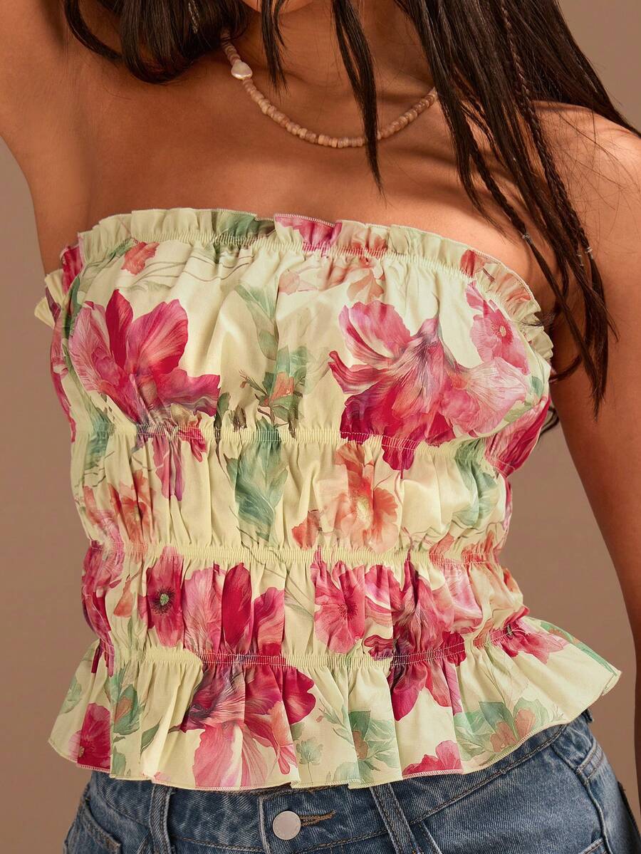 Athîral Women's Floral Print Ruched Casual Versatile Daily Wear Tube Top - Multicolor - View 1