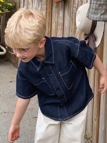 Dazy Kids Camisa de manga corta de mezclilla de uso diario versátil y casual para niño - Azul - Ver 5