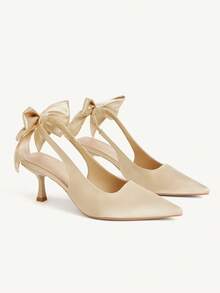 CUCCOO CHICEST Giày cao gót mũi nhọn, đa năng, thanh lịch, kiểu dáng cổ tích, nơ sau lưng, chất liệu satin màu mơ, gót hở. - Màu be - Xem 1