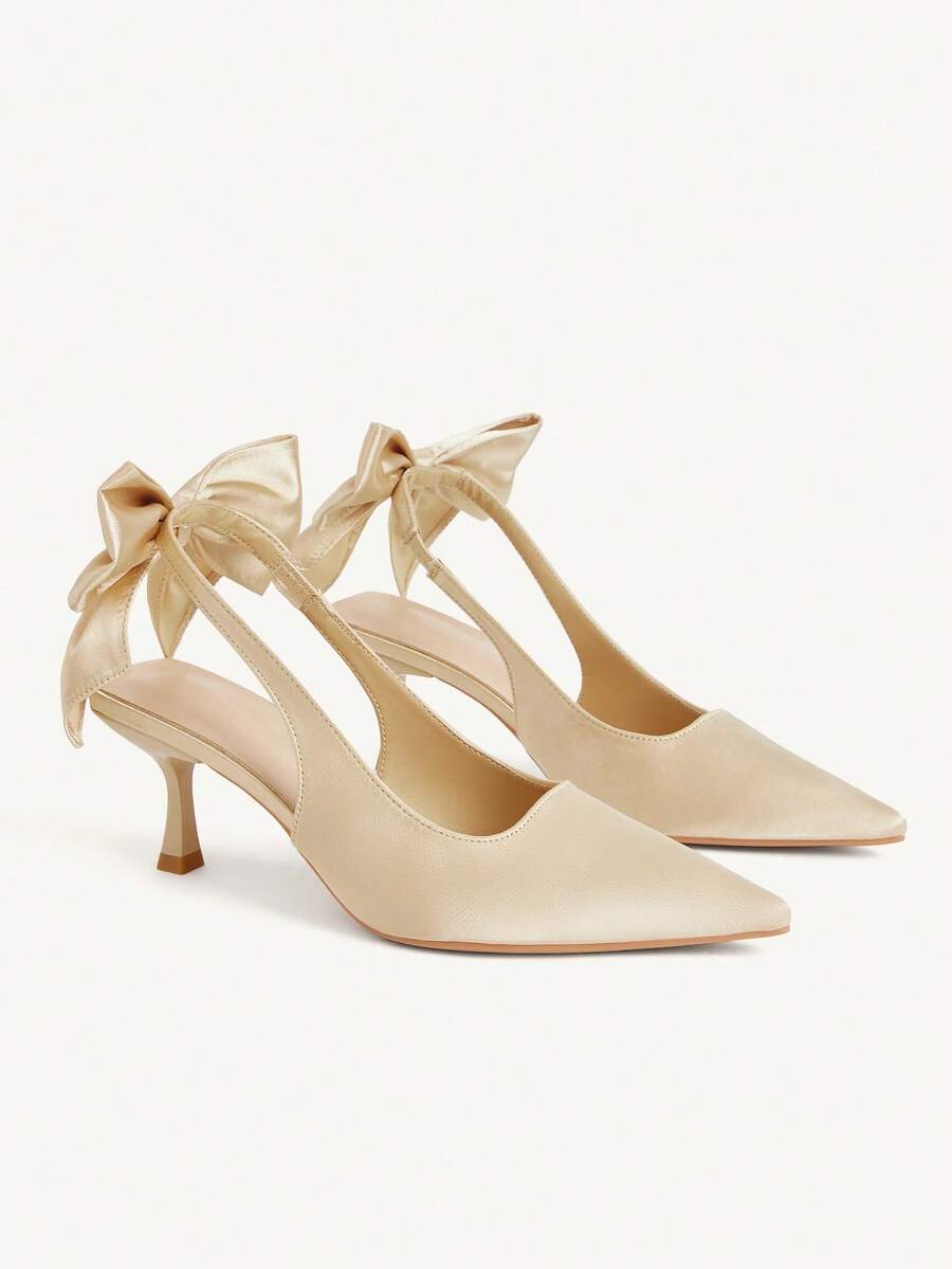 CUCCOO CHICEST Giày cao gót mũi nhọn, đa năng, thanh lịch, kiểu dáng cổ tích, nơ sau lưng, chất liệu satin màu mơ, gót hở. - Màu be - Xem 1