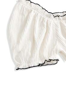 ROMWE Plus Size Women Summer Bow Tie Petal Sleeve Ruffle Textured Apricot Blouse - Apricot - View 3