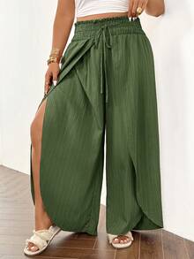 SHEIN Frenchy Plus Size Solid Color High Waist Casual Wide Leg Pants With Tie Front - Green - View 7