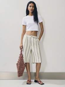 Nöista Striped Culotte Shorts With A Medium-Waist Fit And Wide Leg Pkets.Perfect For Office Vacation-To-Holiday Styling, Vacations, Bermuda Pants, Pool Party - Yellow - View 1