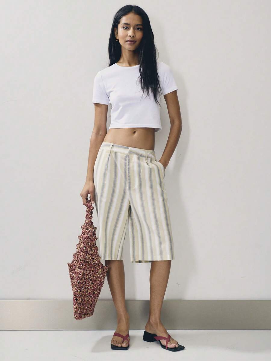 Nöista Striped Culotte Shorts With A Medium-Waist Fit And Wide Leg Pkets.Perfect For Office Vacation-To-Holiday Styling, Vacations, Bermuda Pants, Pool Party - Yellow - View 1