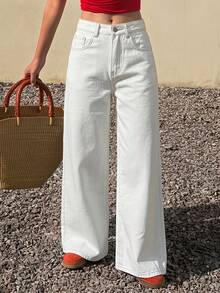 DAZY Quần jeans nữ thường ngày có túi và nút - trắng - Xem 2
