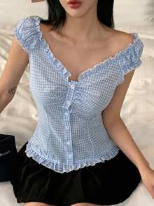 DAZY 女士荷叶边单排扣格子衬衫 夏季 - 藍色 - 查看 8