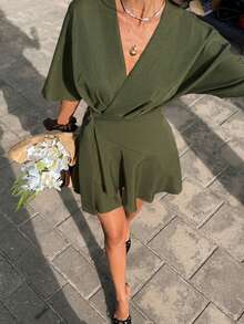 Serisse Women's Fashion Versatile Pleated Metal Buckle Ruffle Hem Dress - Army Green - View 7