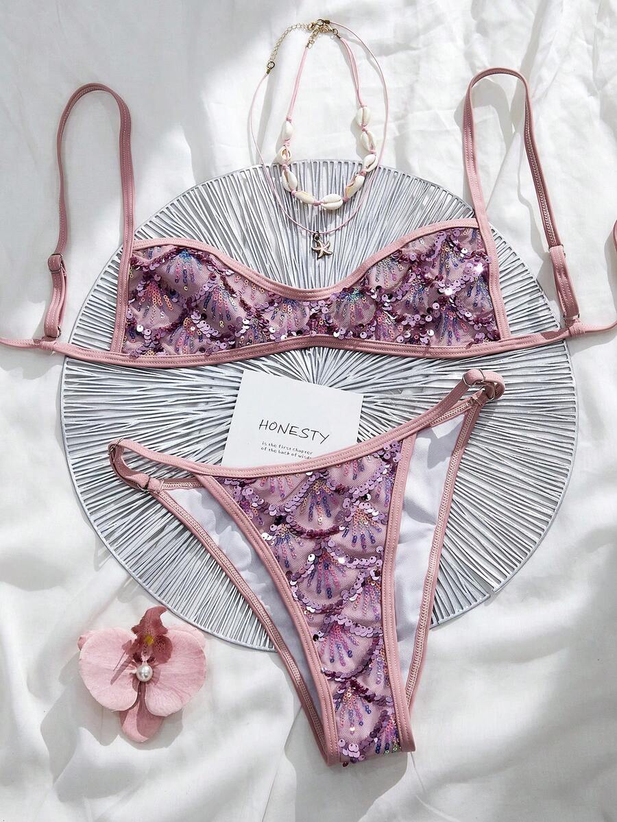 Swim Basics Bộ bikini gợi cảm dành cho nữ, đính sequin, thích hợp cho kỳ nghỉ. - Hồng - Xem 1
