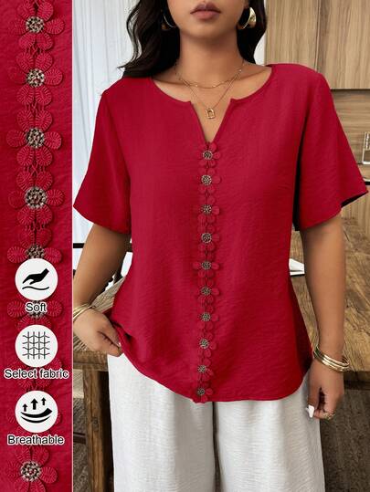 Weeklong Plus Size Women's Spring/Summer Vacation Floral Patchwork Ruffle Trim Loose Short Sleeve Top
