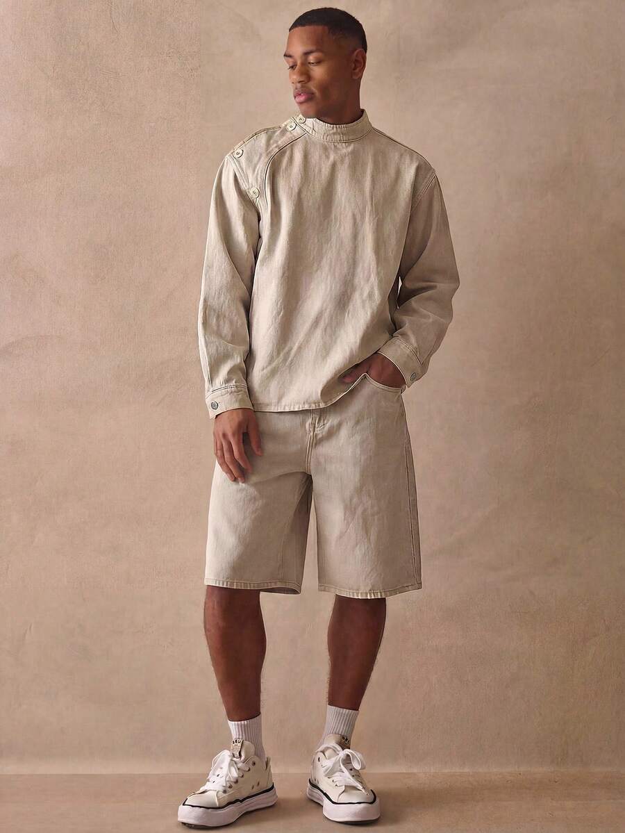 Musero Long Sleeve Stand Collar Oversized Button Shoulder Detailing Washed Denim Top Co Ord Shirt Only Spring Summer Essentials - Khaki - View 1
