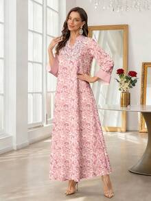 SHEIN Najma Floral Silhouette Print V-Neck Long Sleeve Maxi Dress, Elegant Arabic Style Vacation & Daily Wear, Spring/Summer - Multicolor - View 4