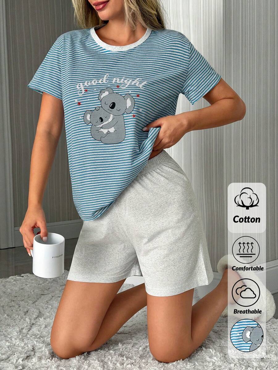EURMUSE Damen Baumwolle 2-teiliges Kontrast-Farbband mit Cartoon Koala Muster gestreiftes Kurzarm Shirt & einfarbige Shorts Homewear Komfort Pyjama Set - Verschiedenfarbig - Übersicht 1