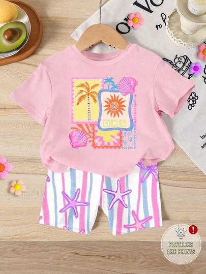 Young Girl Palm Tree & Shell Print Round Neck T-Shirt And Striped Casual Shorts Set