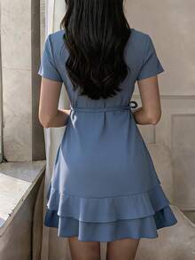 Vestido Envolvente Cruzado con Volantes y Cinta para Mujer - Azul denim - Ver 2