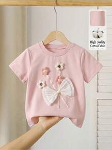 SHEIN Genkimix Kids 女童3D花朵蝴蝶结装饰圆领短袖T恤，夏季 - 粉色 - 查看 8