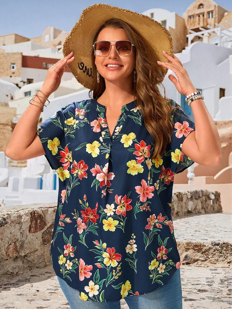EMERY ROSE Plus Size V-Neck Batwing Short Sleeve Solid Casual Blouse,Summer Clothes,Vacation Outfits Woman / Vacation,Boho Women's Clothing - Multicolor - View 5