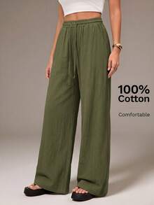 SHEIN Tall Trang phục mùa hè dành cho nữ, thích hợp đi xem hòa nhạc, đi biển, phong cách boho cơ bản tối giản, quần trắng 100% cotton đã giặt, ống quần cong. - xanh quân đội - Xem 4