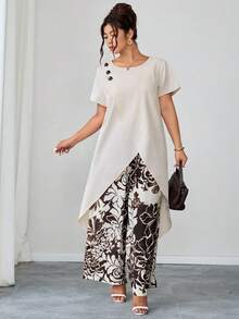 SHEIN Clasi 大码纯色衬衫和印花长裤两件套 - 彩色 - 查看 4
