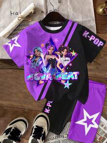 2pcs/Set Young Girl Casual Cartoon Girl Portrait,Purple & Black Patchwork,K-Pop Superstars Group Print,Short Sleeve T-Shirt And Shorts Set,Summer - Multicolor - View 3