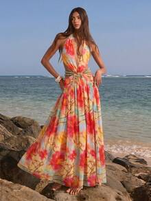 Ure Wave Orange Tie-Dye Printed Y2K Backless Metal Button Decor Spaghetti Strap Super Long Dress,Golden Yellow,Summer,Boho,Elegant,Beach Vacation,Holiday - Multicolor - View 7