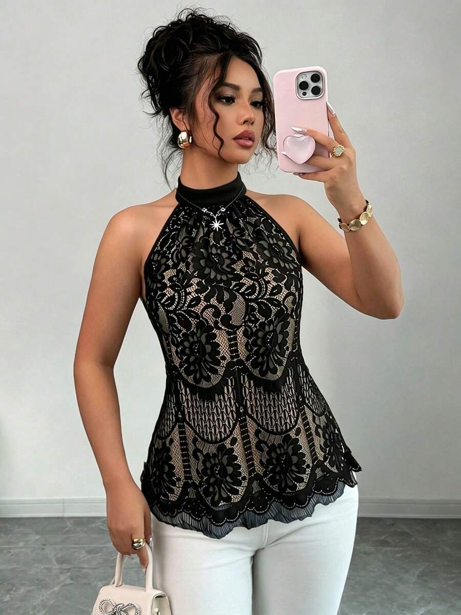 SHEIN Elenzya Áo kiểu ren thanh lịch dành cho nữ, thích hợp cho mùa xuân/hè. - màu đen - Xem 1