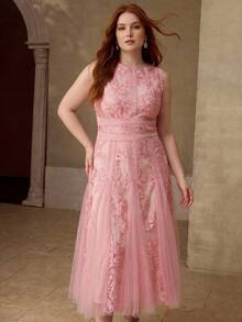 MOTF PREMIUM PLUS SIZE WOMEN'S LACE EMBROIDERED SPLICE FLORAL HEM ELEGANT PINK SLEEVELESS MID-LENGTH DRESS, SUITABLE FOR DATES IN SPRING/SUMMER - Pink - View 4