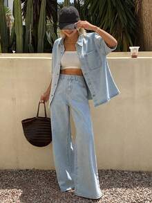 Livesso Bộ đồ denim nữ tay ngắn cổ xanh, kiểu dáng thường ngày, đã qua xử lý, màu xanh nhạt. - Màu xanh lam - Xem 3