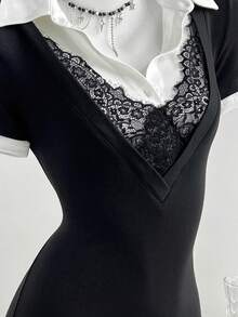 Elamini Vestido ajustado de manga corta con cuello polo, combinación de encaje y contraste de color negro y blanco 2 en 1, estilo elegante y retro, adecuado para la temporada de graduación, estilo escolar, uso diario y oficina, color negro - Negro - Ver 6