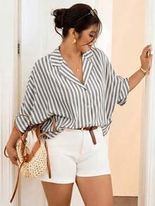 Lounesse Áo sơ mi nữ cỡ lớn kẻ sọc tay lửng 3/4, màu mơ, kiểu dáng thời trang, phù hợp mặc đi làm hàng ngày. - Xám - Xem 5