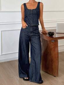 DAZY Conjunto casual de top de mezclilla de cuello en V profundo y pantalones vaqueros anchos y sueltos para mujer - Azul lavado oscuro - Ver 7