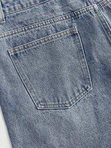 ROMWE MEN Washed Vintage Style Loose Straight Leg Denim Shorts With Multiple Buttons For Men - Blue - View 5