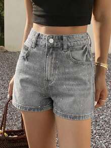 DAZY Shorts vaqueros súper cortos de verano para mujer con adornos de strass, ajustados y sexys - Gris - Ver 7