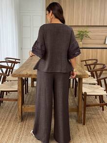 Weeklong 2pcs/Set Plus Size Women's Floral Trim Sleeve & Hem Round Neck Loose Top And Straight Leg Pants, Suitable For Vacation And Daily Wear, Spring/Summer - Brown - View 2