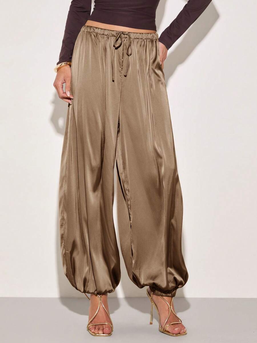 COSMINA Women's Satin Casual Tie-Up Pants, Versatile - Camel - View 1