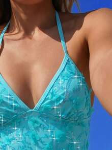 Swim Mod Áo bikini hai dây cổ chữ V hở lưng gợi cảm bằng vải hoa 3D đính sequin dành cho nữ, thích hợp cho kỳ nghỉ biển. - Màu xanh lam - Xem 3
