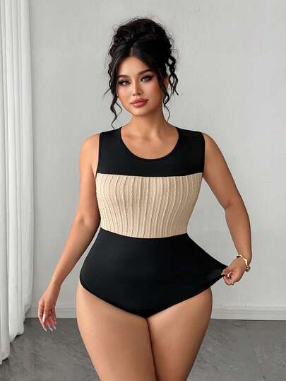 Elenzga Plus Size Women's Knitted Minimalist Crew Neck Sleeveless Contrast Color Crochet Textured Elastic Black Bodysuit