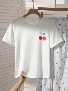Girls'White Round Neck Loose Top With Cherry Print,Paired With Blue And White Striped Cherry Pattern Soft Fabric Shorts,Cute Summer Home Wear Sleep - White - View 5