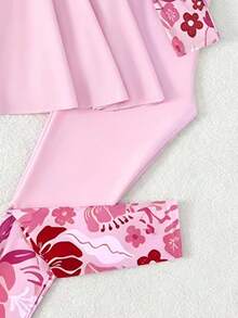 SHEIN Bộ đồ bơi Tankini cho bé gái tuổi teen, vải dệt kim màu tím, áo tay dài và quần dài, váy có khóa kéo, kiểu dáng kín đáo, thời trang thanh lịch, phù hợp cho bơi lội, kỳ nghỉ hè, bãi biển, hồ bơi, tiệc tùng. - Màu Hồng baby - Xem 4