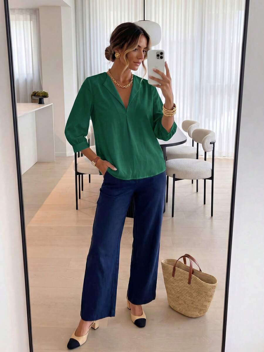 Easowa Solid Lantern Sleeve Blouse,Three Quarter Sleeve Tops Office Attire For Women Business Casual Woman,Casual - Dark Green - View 1