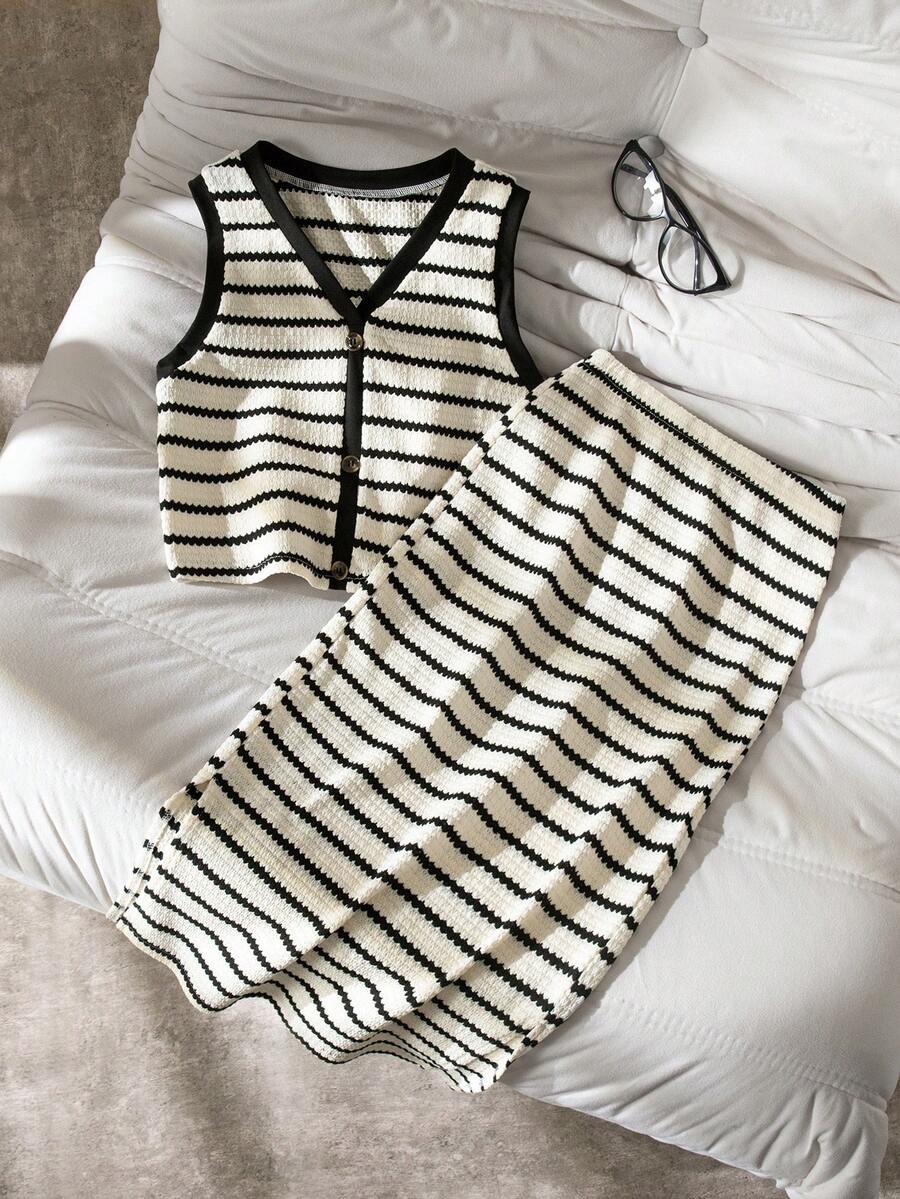 SHEIN 少女针织条纹V领休闲背心和迷你裙两件套 - 亮橙色 - 查看 1