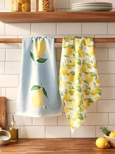 2 chiếc khăn bếp họa tiết trái cây màu nước và kẻ caro vàng in hình chanh dùng để rửa và lau khô bát đĩa trang trí nhà bếp