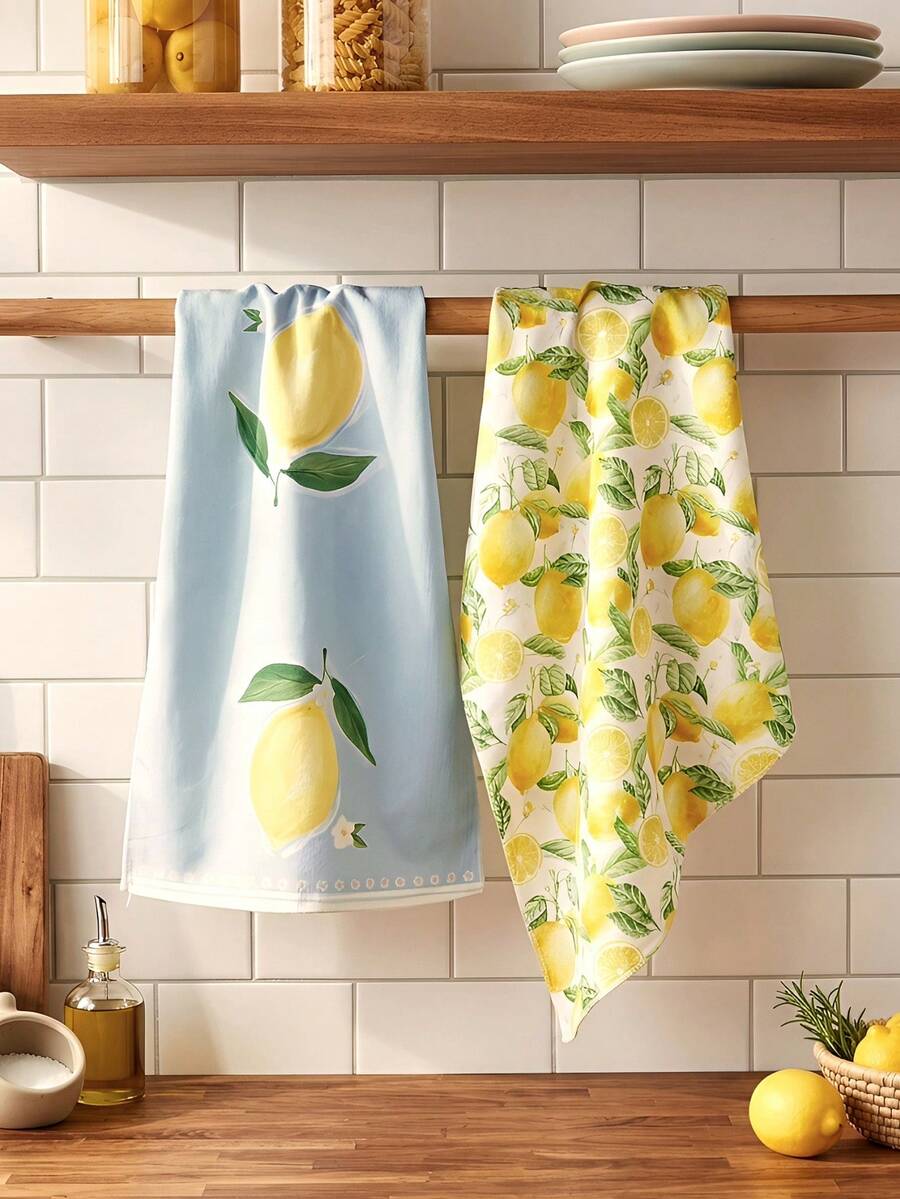2 chiếc khăn bếp họa tiết trái cây màu nước và kẻ caro vàng in hình chanh dùng để rửa và lau khô bát đĩa trang trí nhà bếp - Màu vàng - Xem 1