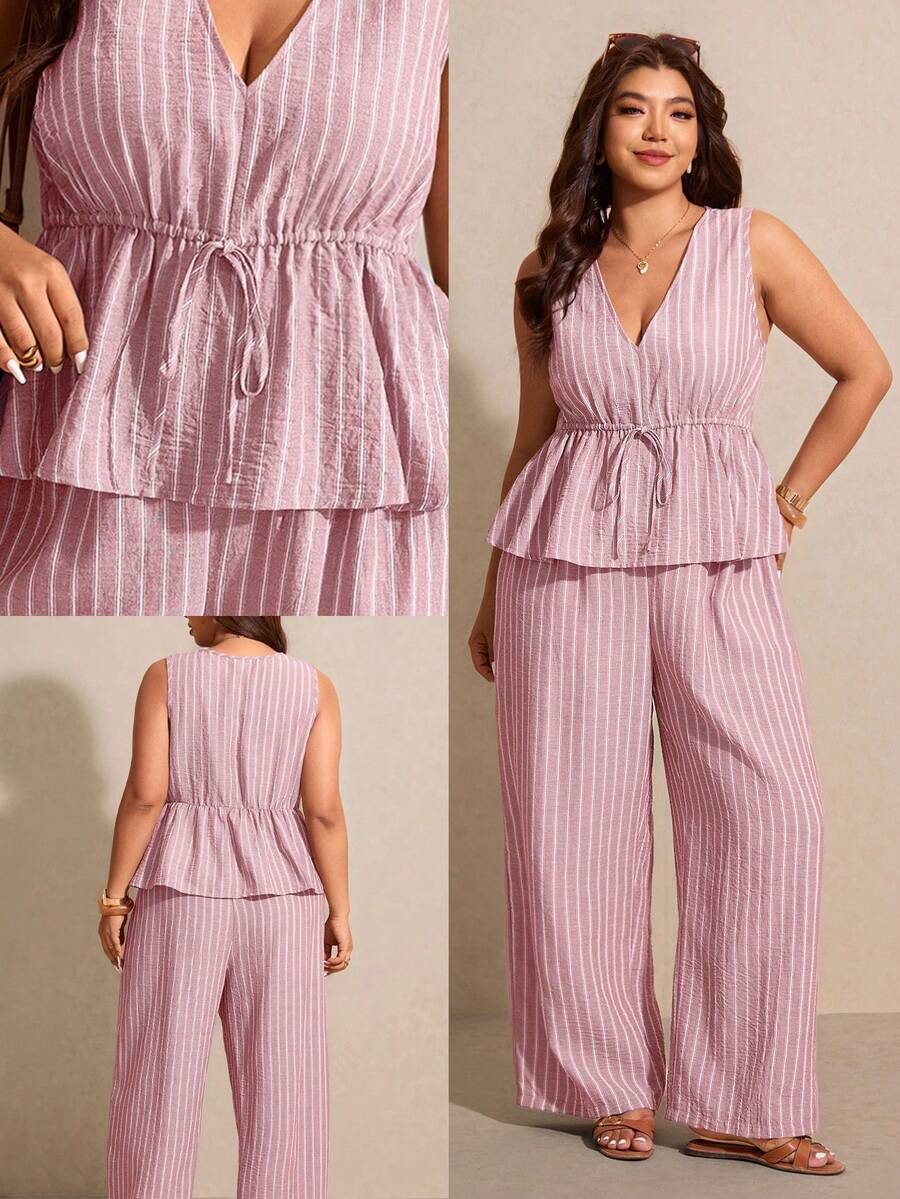 Elaquor Plus Size Casual Vacation Striped Sleeveless A-Line Shirt And Straight Leg Casual Pants 2 Pieces Set