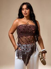 SHEIN Privé Gaun Pesta Musim Panas Kasual Boho Serbaguna Berbahan Chiffon dengan Hiasan Payet dan Lubang-lubang untuk Wanita Ukuran Besar - Gaun Penutup untuk Liburan, Pesta, dan Musim Panas - Coklat - View 5