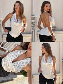 DAZY Chaleco elegante de verano para mujer con cuello drapeado y espalda descubierta con estampado de lunares - Blanco - Ver 3