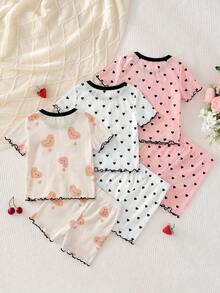 LMoss Kids 6pcs/Set Baby Girl Knitted Heart Pattern Round Neck T-Shirt And Shorts Pajamas - Multicolor - View 2