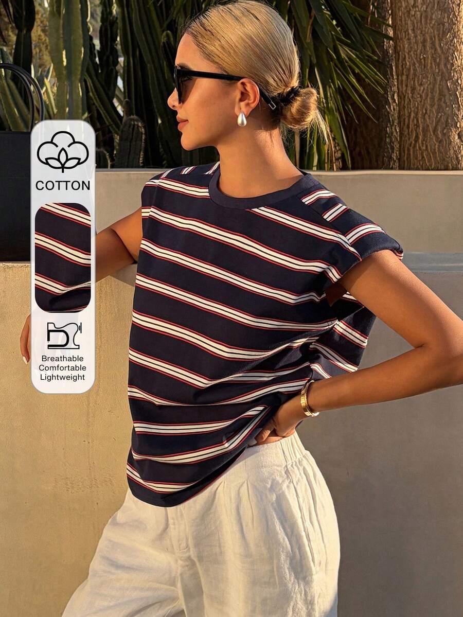 Dazy Tall Camiseta casual de cuello redondo de corte holgado a rayas para mujer, estilo de vacaciones y calle - Azul Marino - Ver 1